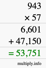 How to calculate 943 times 57 using long multiplication