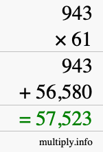 How to calculate 943 times 61 using long multiplication