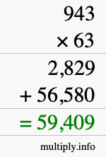 How to calculate 943 times 63 using long multiplication