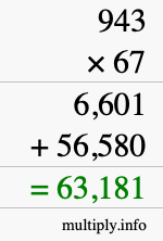 How to calculate 943 times 67 using long multiplication