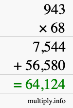 How to calculate 943 times 68 using long multiplication