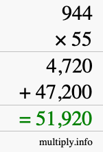 How to calculate 944 times 55 using long multiplication
