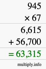 How to calculate 945 times 67 using long multiplication