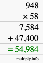 How to calculate 948 times 58 using long multiplication