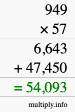 How to calculate 949 times 57 using long multiplication