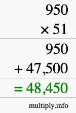 How to calculate 950 times 51 using long multiplication