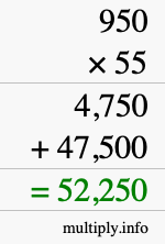 How to calculate 950 times 55 using long multiplication