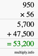 How to calculate 950 times 56 using long multiplication