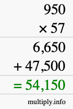 How to calculate 950 times 57 using long multiplication