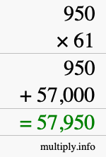 How to calculate 950 times 61 using long multiplication