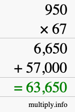 How to calculate 950 times 67 using long multiplication