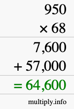 How to calculate 950 times 68 using long multiplication
