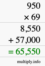 How to calculate 950 times 69 using long multiplication