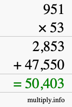 How to calculate 951 times 53 using long multiplication