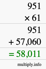 How to calculate 951 times 61 using long multiplication