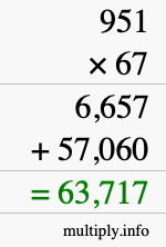 How to calculate 951 times 67 using long multiplication