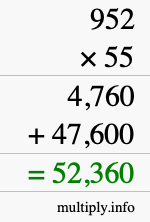 How to calculate 952 times 55 using long multiplication