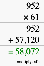 How to calculate 952 times 61 using long multiplication