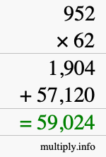 How to calculate 952 times 62 using long multiplication