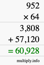 How to calculate 952 times 64 using long multiplication