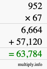 How to calculate 952 times 67 using long multiplication