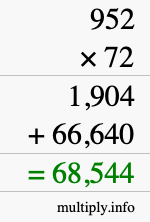 How to calculate 952 times 72 using long multiplication