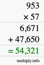 How to calculate 953 times 57 using long multiplication