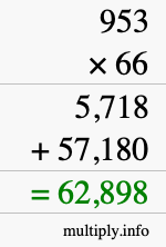 How to calculate 953 times 66 using long multiplication