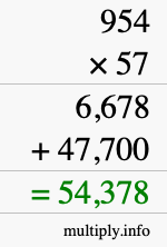 How to calculate 954 times 57 using long multiplication
