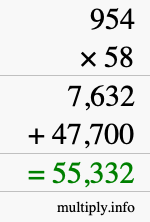 How to calculate 954 times 58 using long multiplication