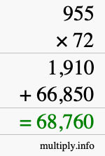 How to calculate 955 times 72 using long multiplication