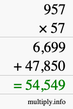 How to calculate 957 times 57 using long multiplication