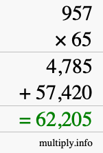 How to calculate 957 times 65 using long multiplication