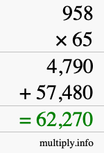 How to calculate 958 times 65 using long multiplication