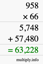 How to calculate 958 times 66 using long multiplication