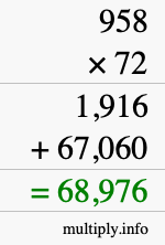 How to calculate 958 times 72 using long multiplication