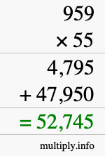 How to calculate 959 times 55 using long multiplication