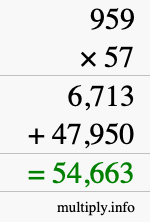 How to calculate 959 times 57 using long multiplication