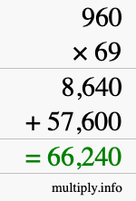 How to calculate 960 times 69 using long multiplication