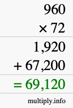How to calculate 960 times 72 using long multiplication