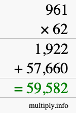 How to calculate 961 times 62 using long multiplication