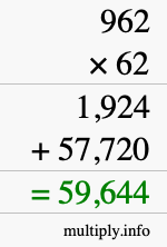 How to calculate 962 times 62 using long multiplication