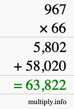 How to calculate 967 times 66 using long multiplication