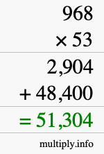 How to calculate 968 times 53 using long multiplication