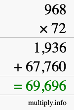 How to calculate 968 times 72 using long multiplication