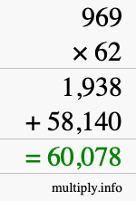 How to calculate 969 times 62 using long multiplication