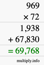 How to calculate 969 times 72 using long multiplication