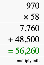 How to calculate 970 times 58 using long multiplication