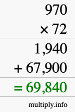 How to calculate 970 times 72 using long multiplication