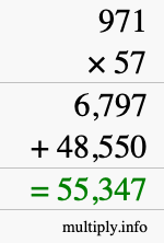 How to calculate 971 times 57 using long multiplication